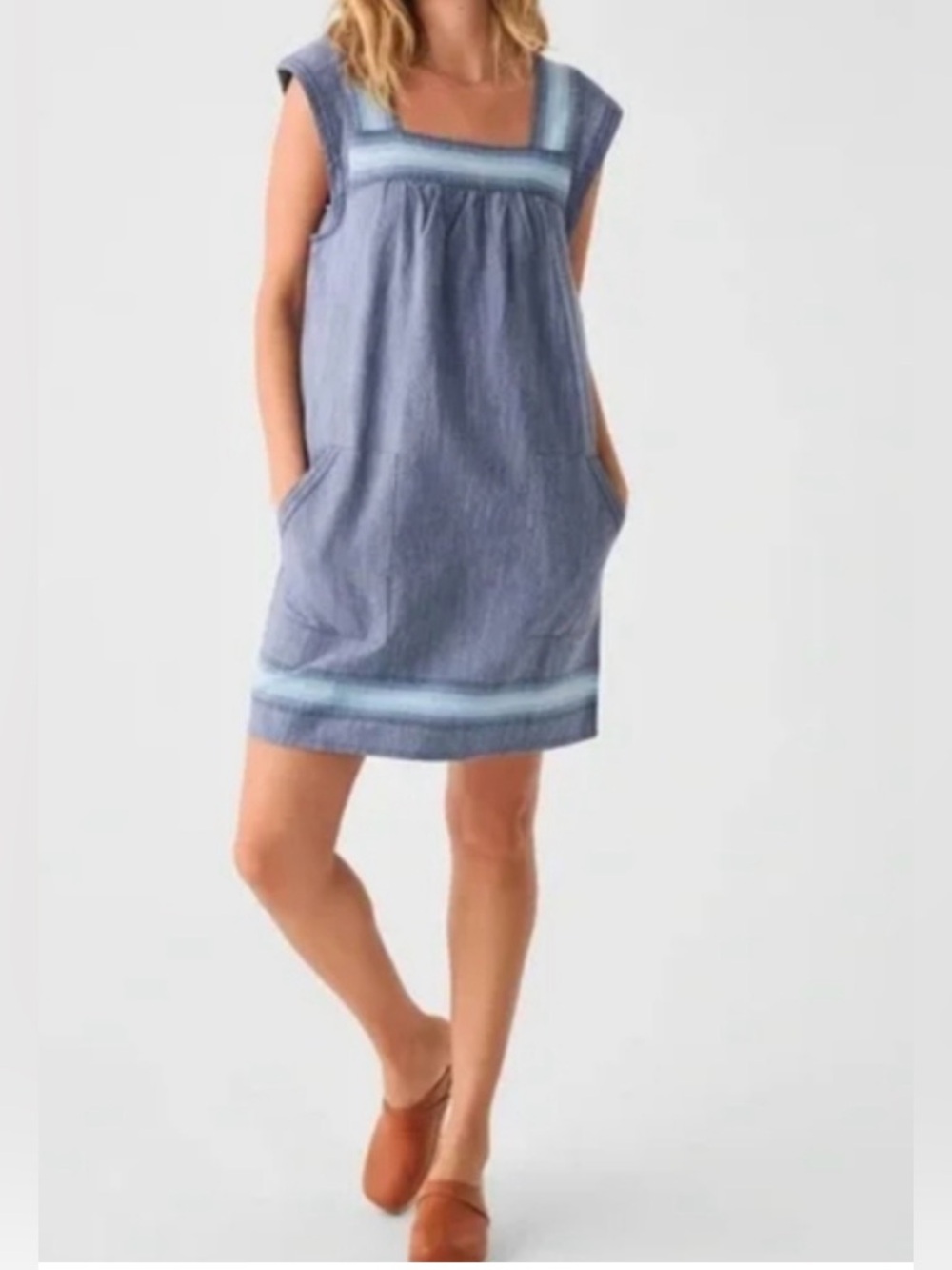 Faherty Hailee Stripe Trim Dress Navy Jacquard Colorway 100% Organic Cotton XS